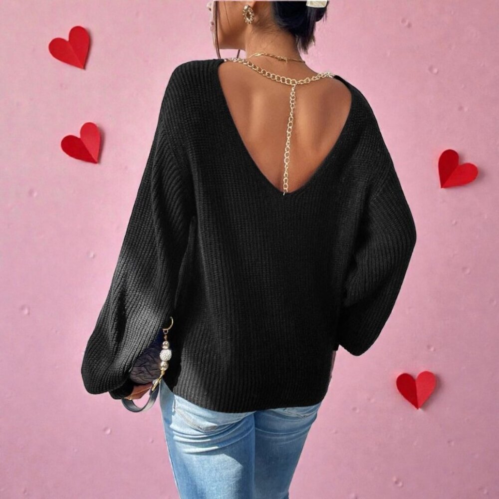 Black Open Back Gold Chain Detail Sweater | Slouchy Knit | Size L